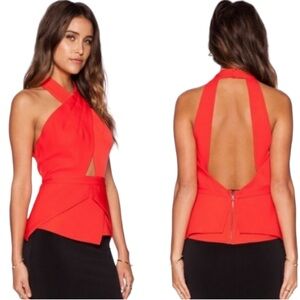 BCBGMaxAzria Bright Poppy Red Remmie CrissCross Peplum Halter Top Size Small NWT
